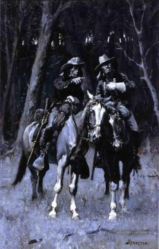 Cheyenne Scouts patrouillant le grand bois du Nord Oklahoma canadien Frederic Remington cow boy Peinture à l'huile